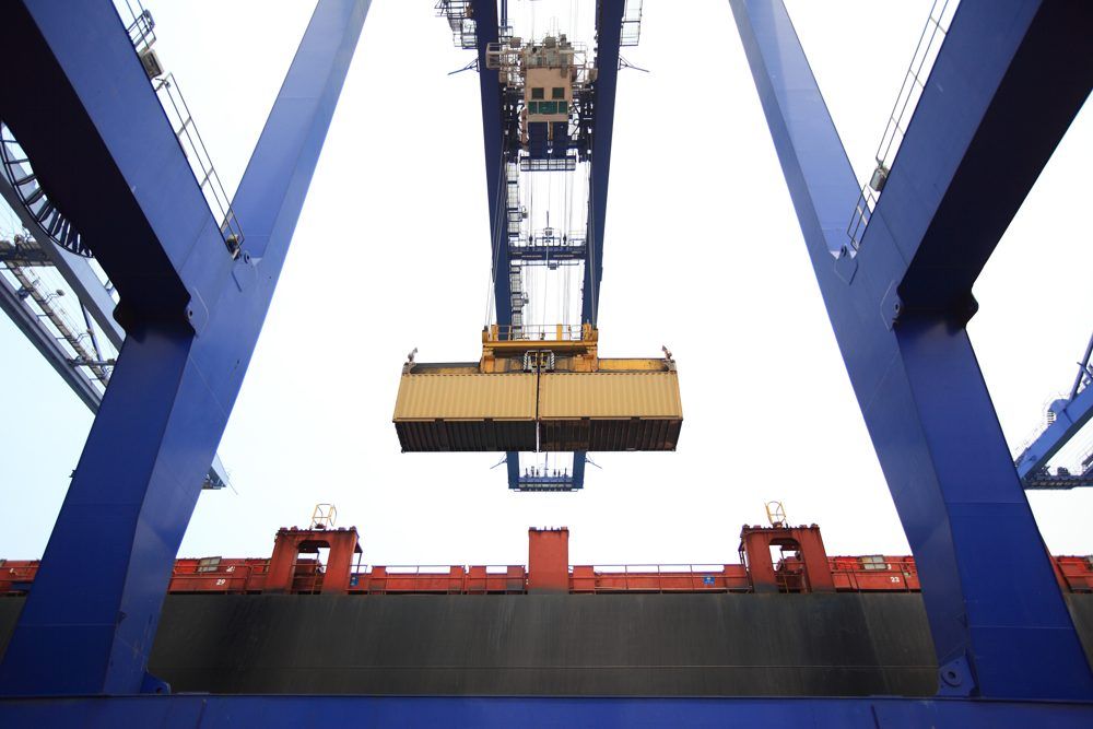 Grúa cargando un contenedor en puerto — operación de importación